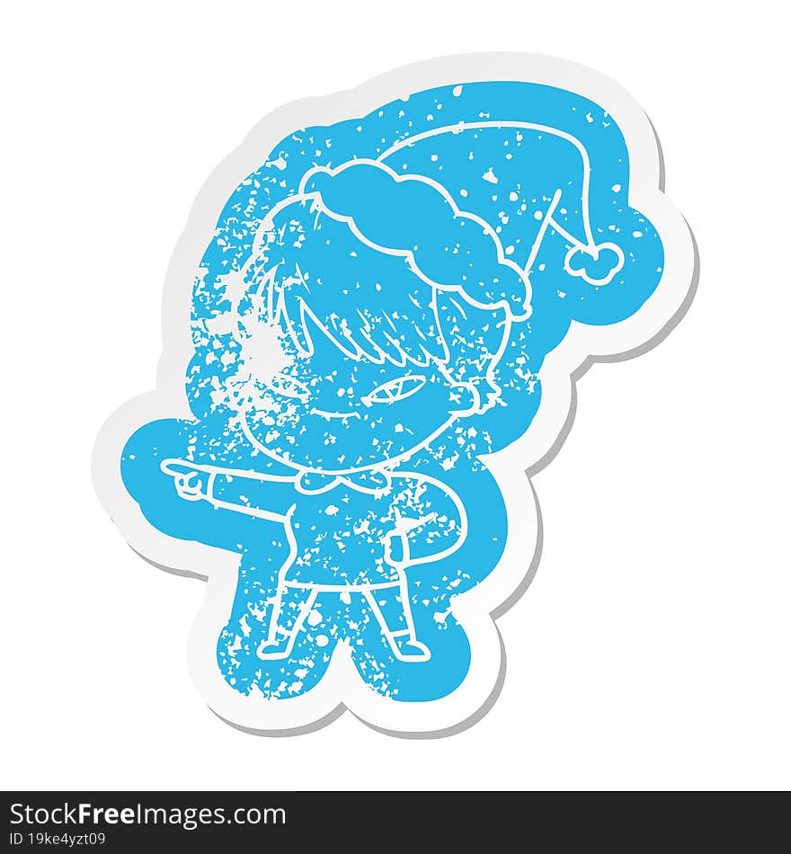 cartoon distressed sticker of a happy woman wearing santa hat