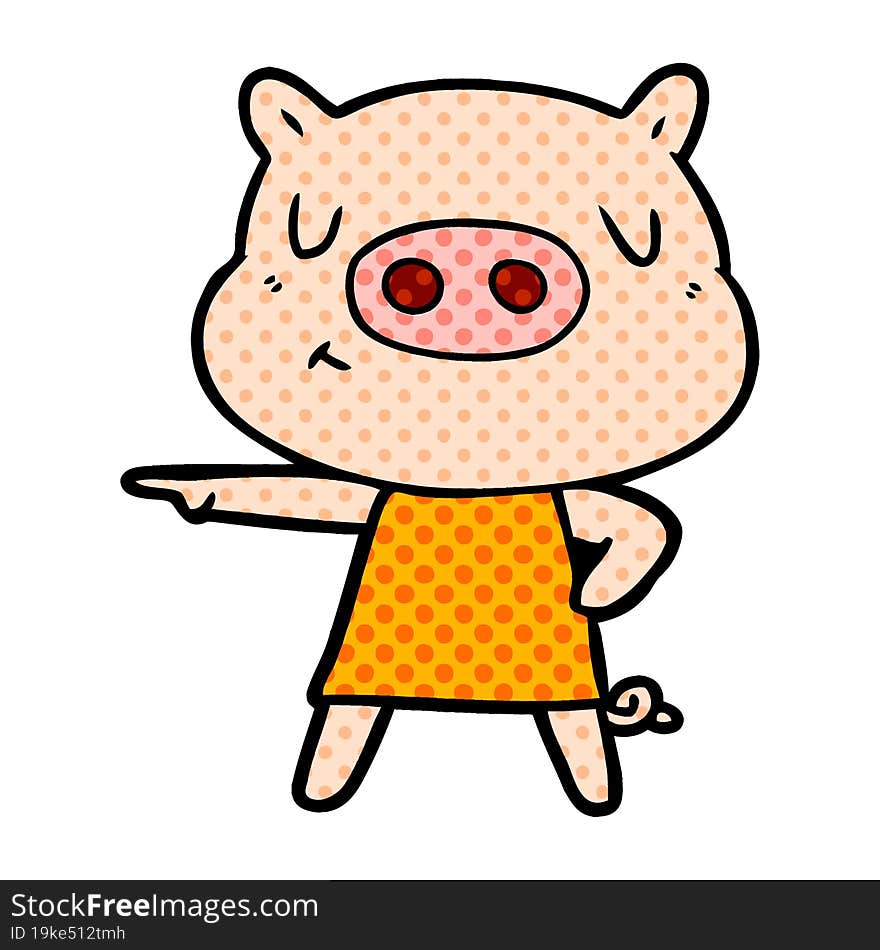 cartoon content pig in dress pointing. cartoon content pig in dress pointing