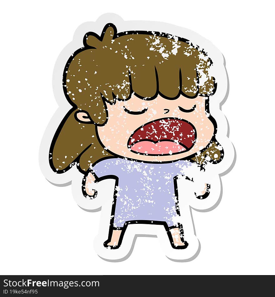 distressed sticker of a cartoon woman talking loudly