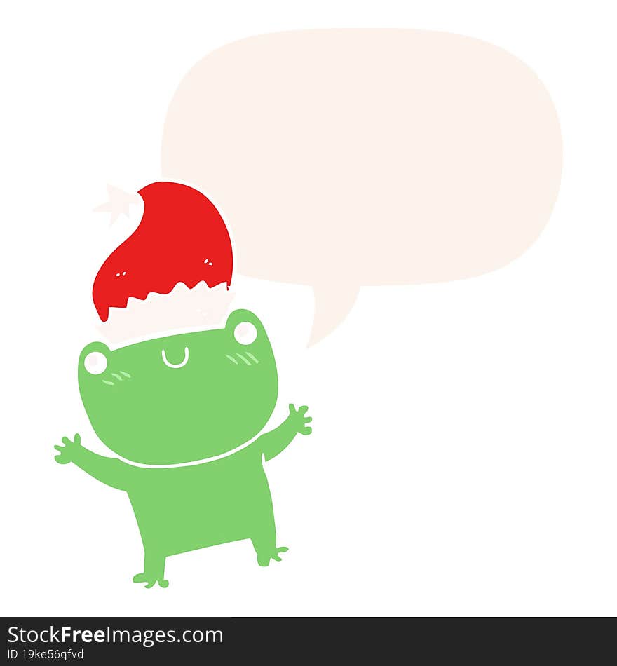 cute cartoon frog wearing christmas hat with speech bubble in retro style