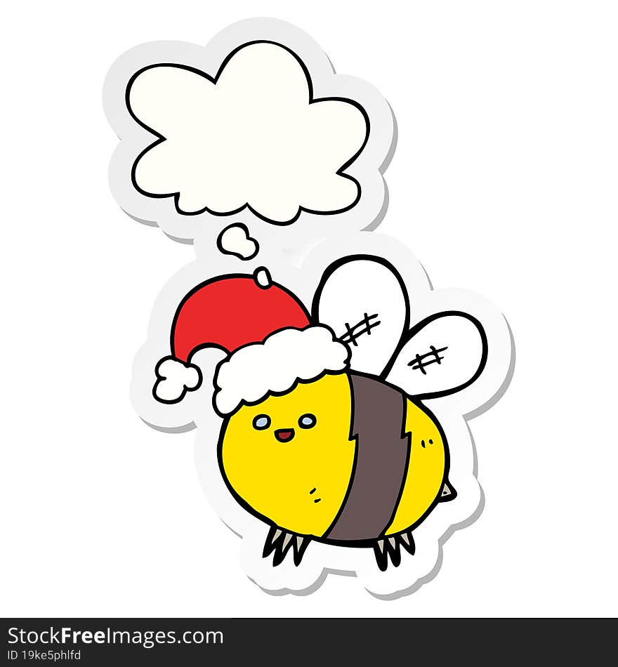 cute cartoon bee wearing christmas hat with thought bubble as a printed sticker