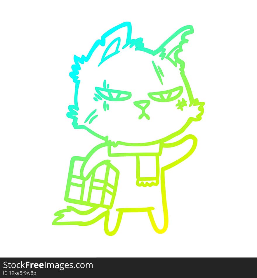 cold gradient line drawing tough cartoon cat with christmas present