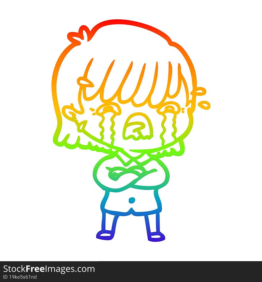 rainbow gradient line drawing cartoon girl crying