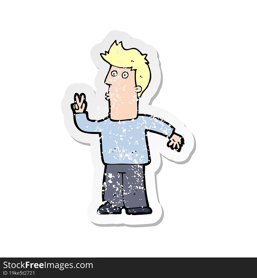 retro distressed sticker of a cartoon man giving peace sign