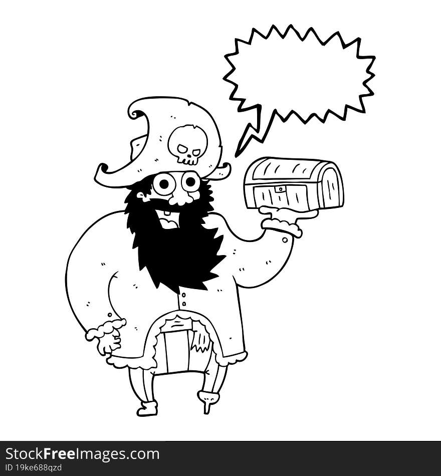 speech bubble cartoon pirate captain with treasure chest