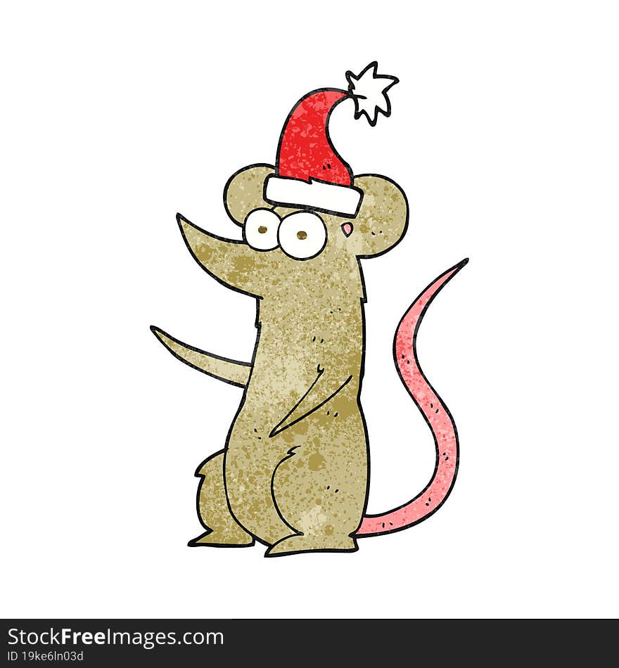 freehand textured cartoon mouse wearing christmas hat