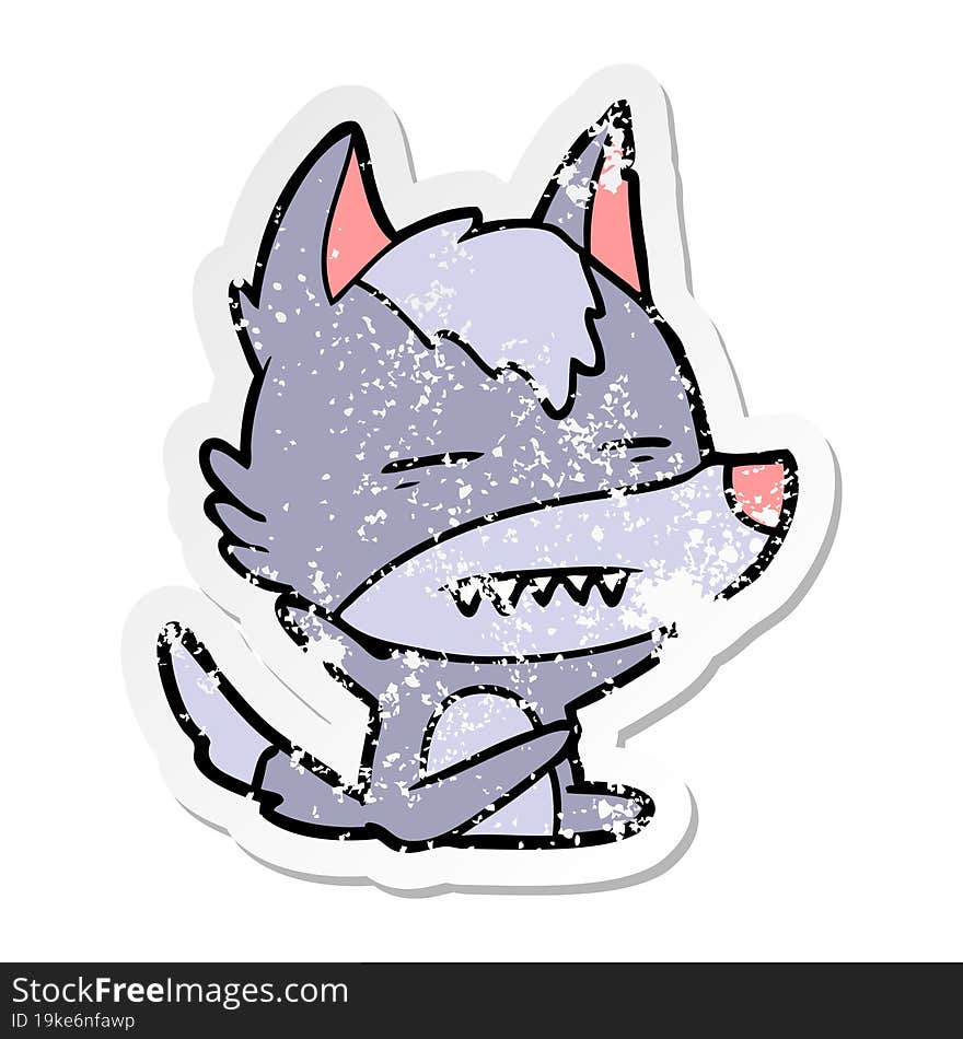 distressed sticker of a cartoon wolf showing teeth