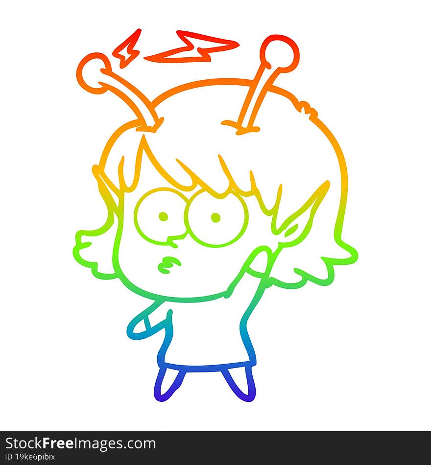 rainbow gradient line drawing of a cartoon alien girl