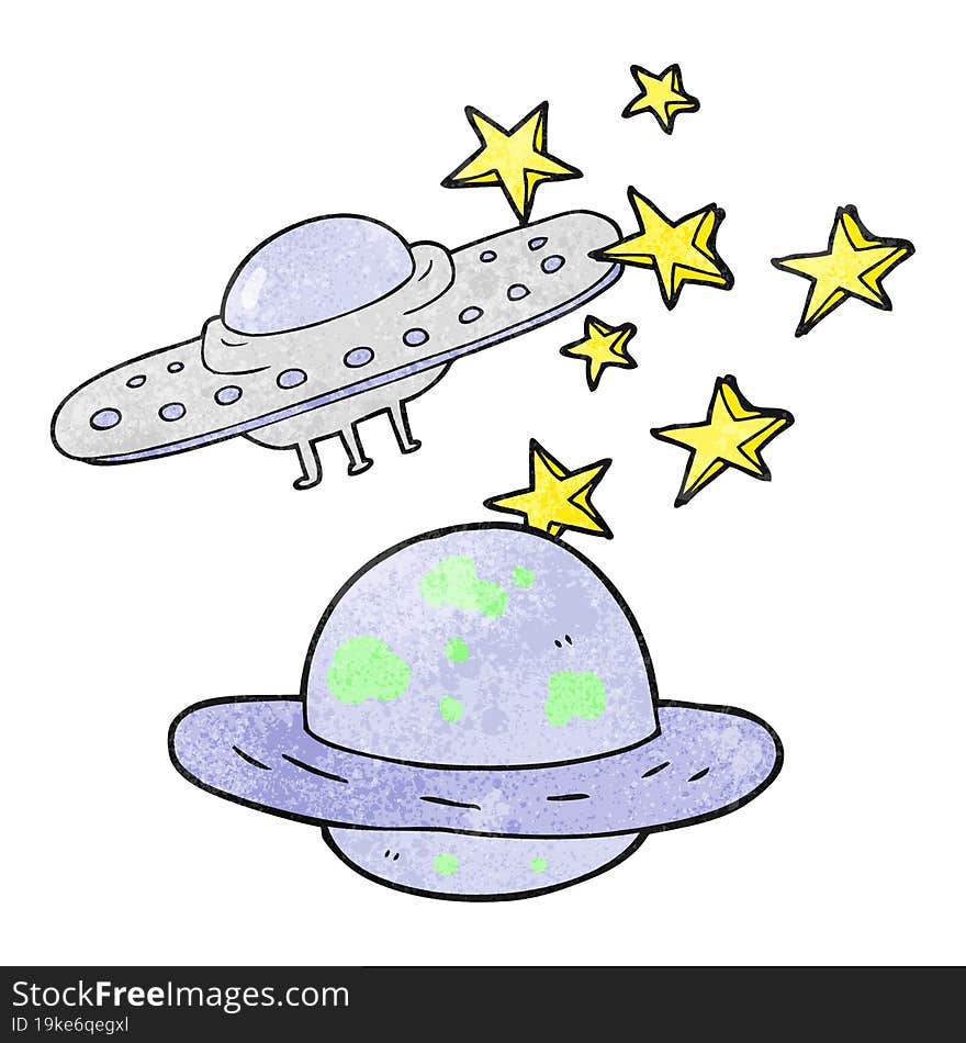 textured cartoon flying saucer and planet