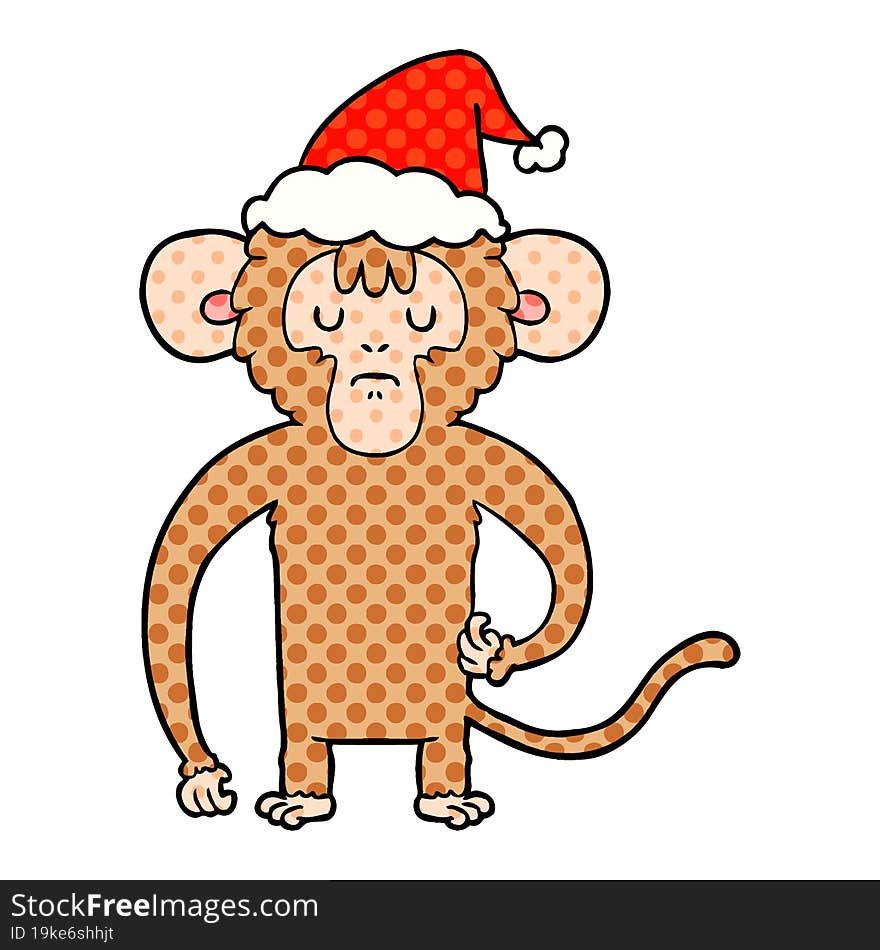 hand drawn comic book style illustration of a monkey scratching wearing santa hat