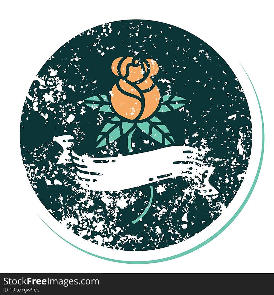 distressed sticker tattoo style icon of a rose and banner