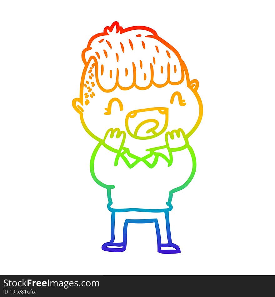 rainbow gradient line drawing of a cartoon happy boy laughing