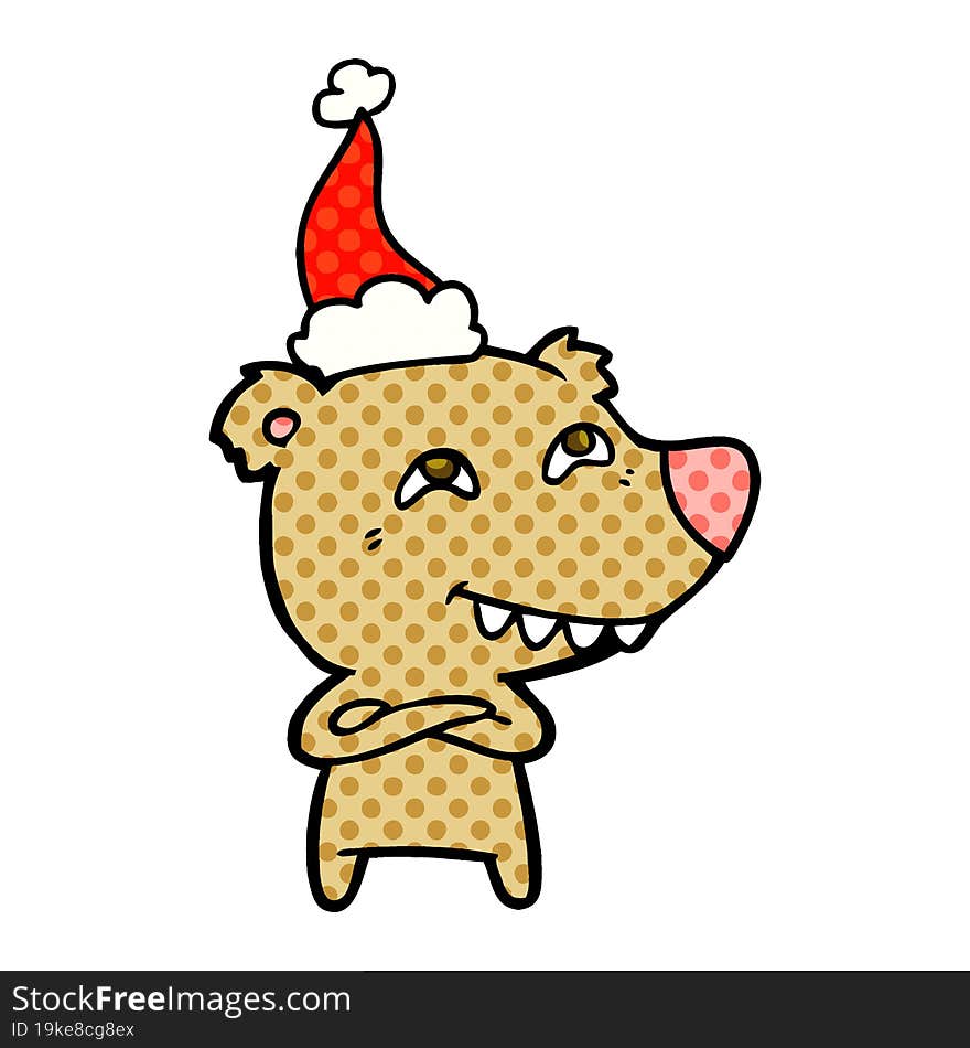 hand drawn comic book style illustration of a bear showing teeth wearing santa hat