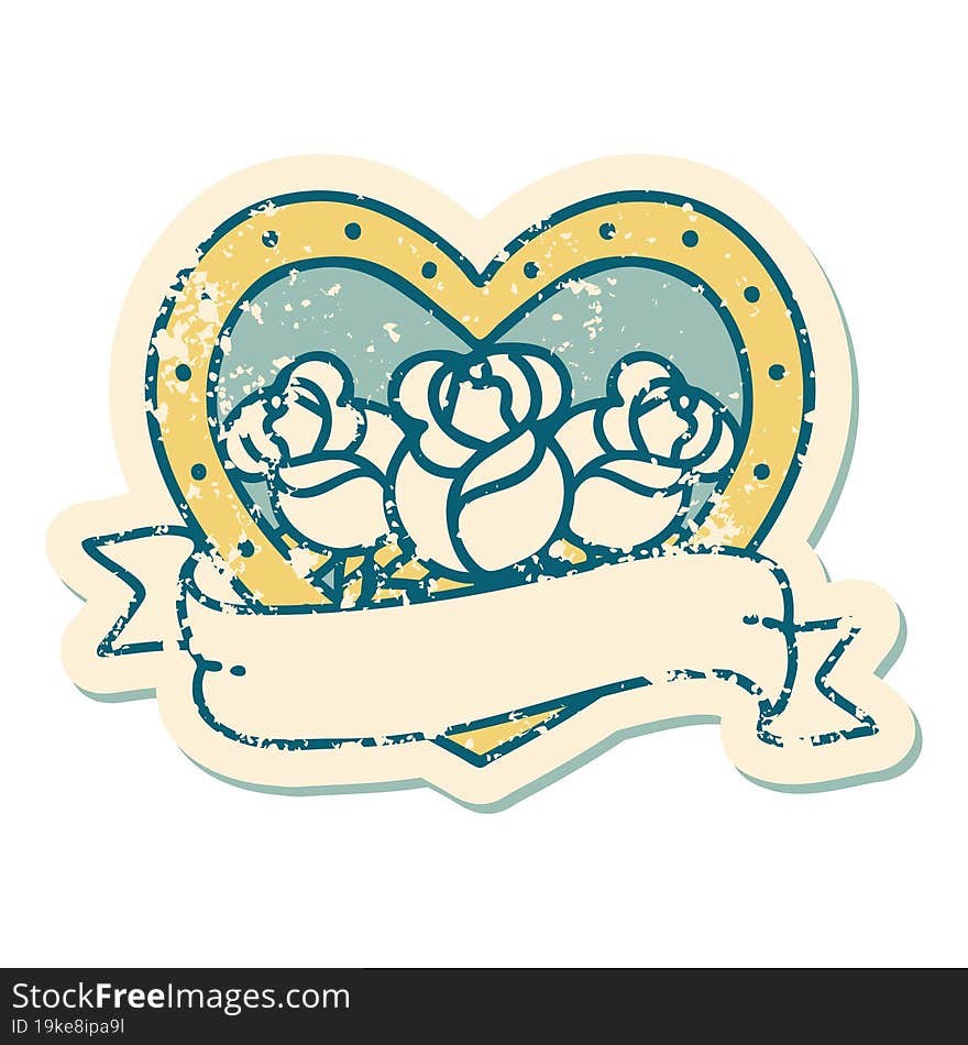 distressed sticker tattoo style icon of a heart and banner with flowers