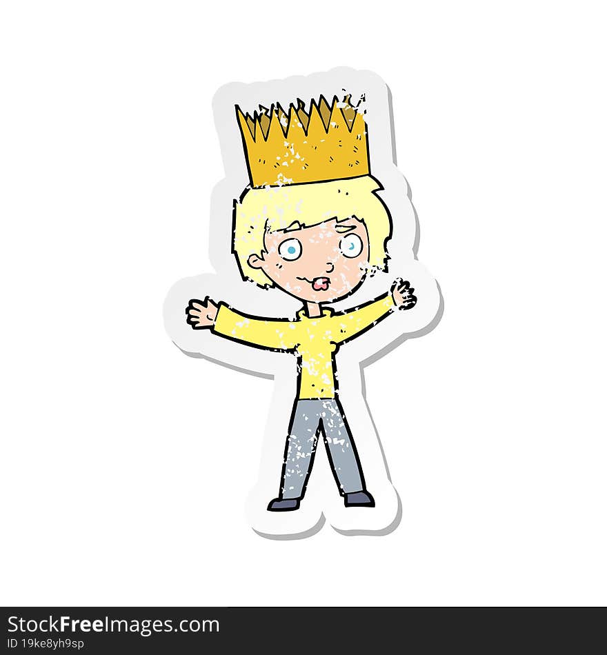 retro distressed sticker of a cartoon person wearing crown