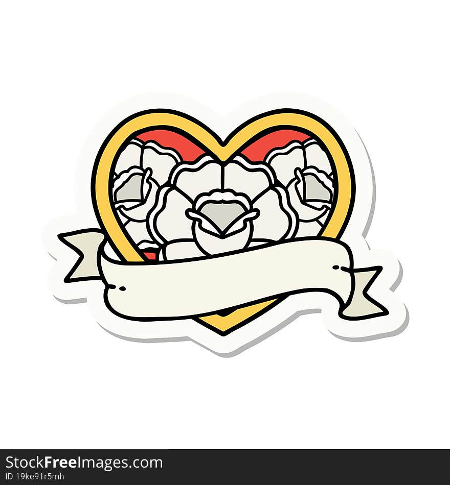 sticker of tattoo in traditional style of a heart and banner with flowers. sticker of tattoo in traditional style of a heart and banner with flowers