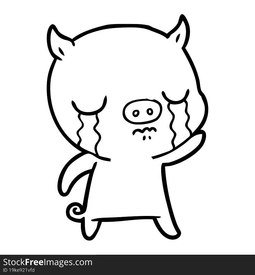 cartoon pig crying waving goodbye. cartoon pig crying waving goodbye