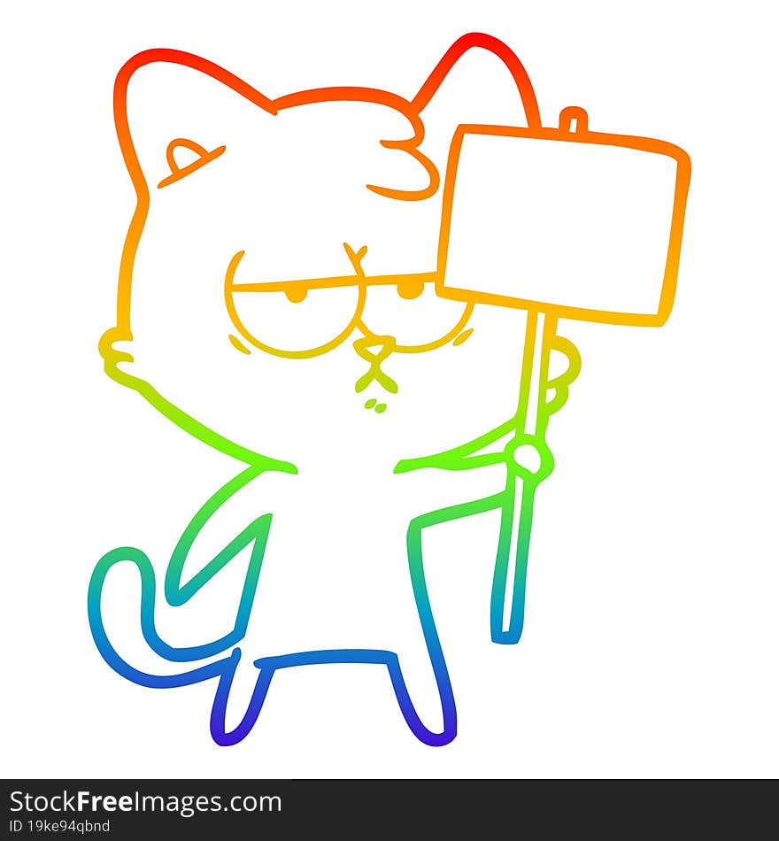 rainbow gradient line drawing of a bored cartoon cat with sign post