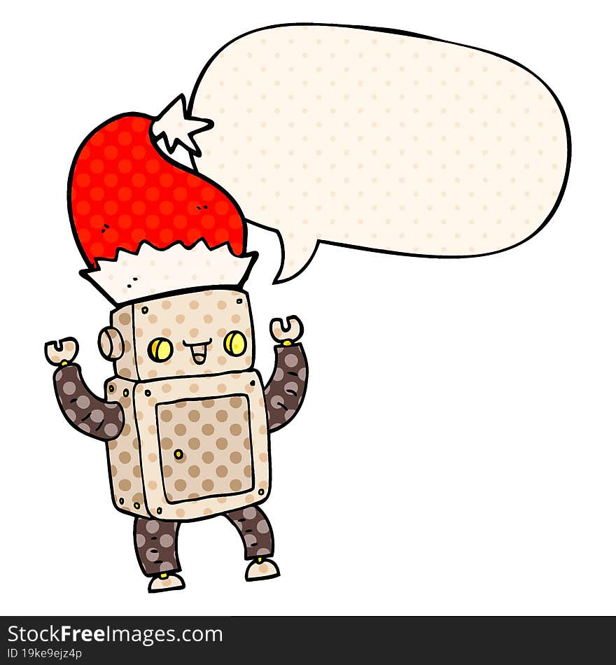 cartoon christmas robot with speech bubble in comic book style