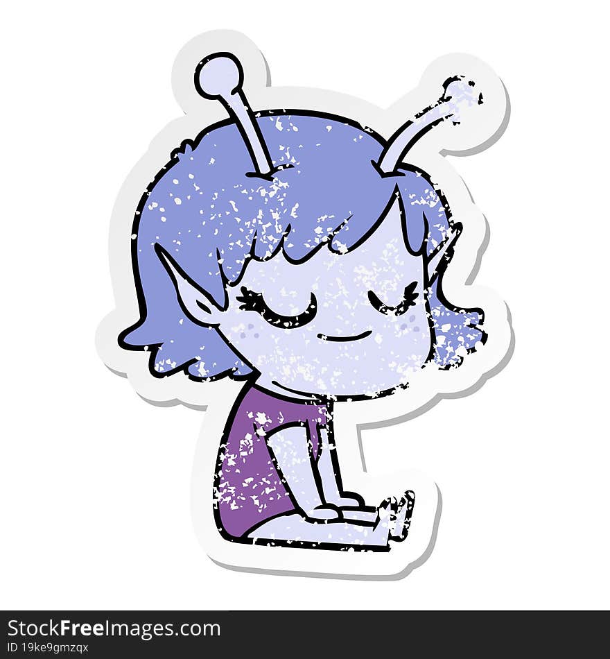 distressed sticker of a smiling alien girl cartoon