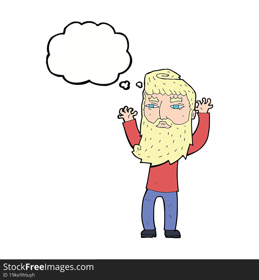 cartoon bearded man waving arms with thought bubble