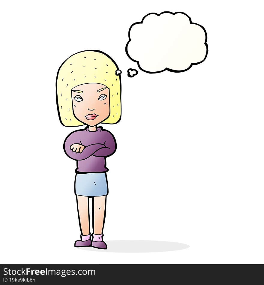 cartoon woman with crossed arms with thought bubble