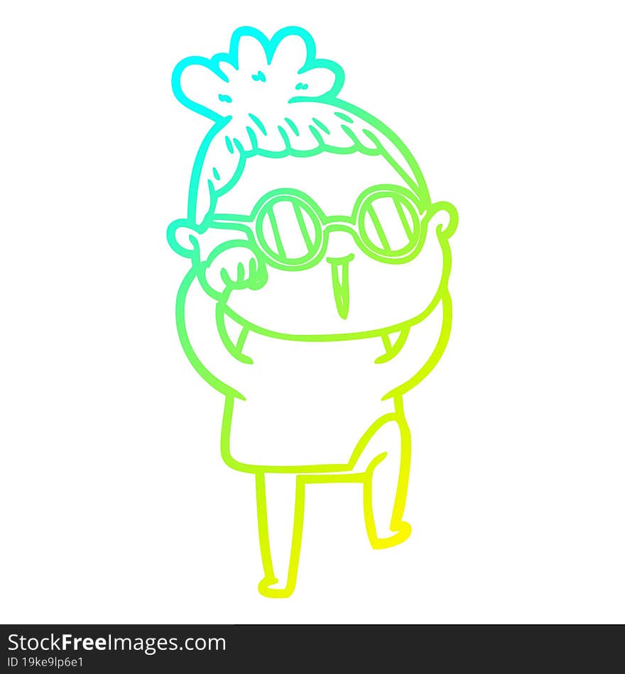 cold gradient line drawing of a cartoon woman wearing spectacles