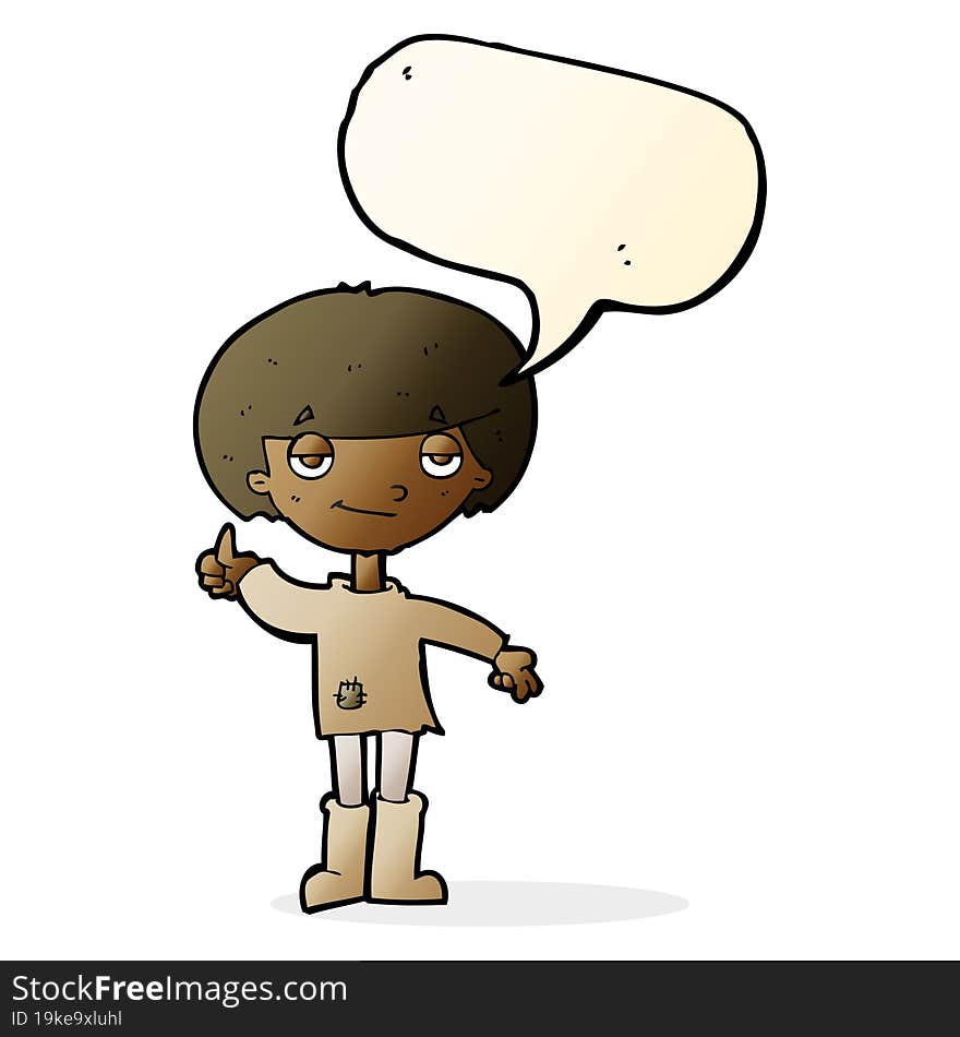 cartoon boy in poor clothing giving thumbs up symbol with speech bubble