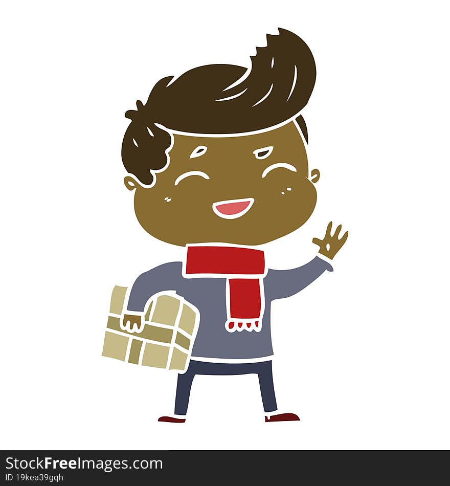 flat color style cartoon man laughing carrying parcel