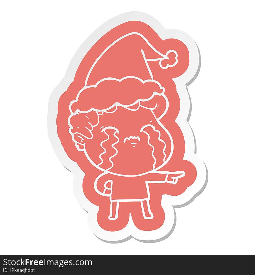 cartoon  sticker of a man crying wearing santa hat