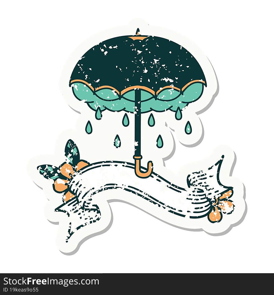 grunge sticker with banner of an umbrella and storm cloud