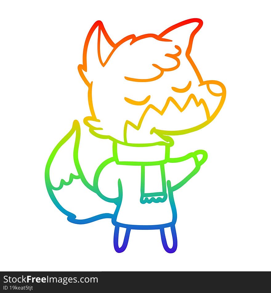 rainbow gradient line drawing friendly cartoon fox in winter clothes