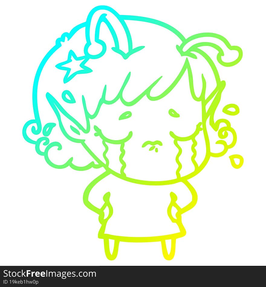 cold gradient line drawing cartoon crying alien girl