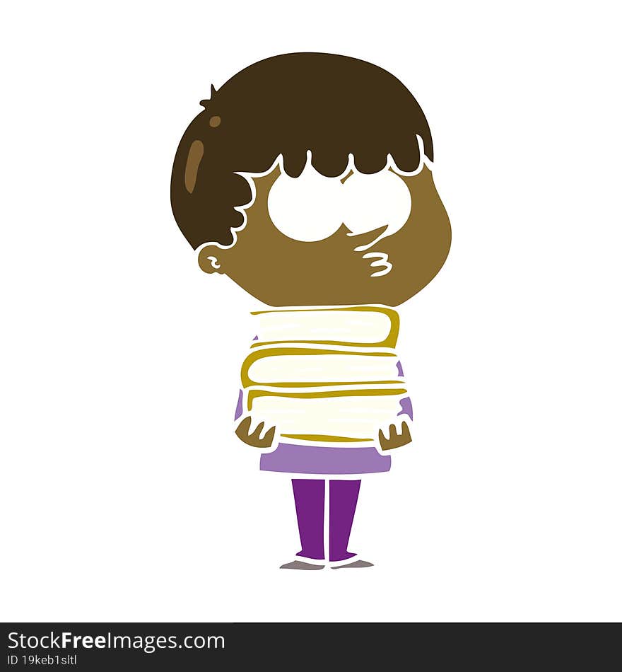 Flat Color Style Cartoon Curious Boy With Lots Of Books