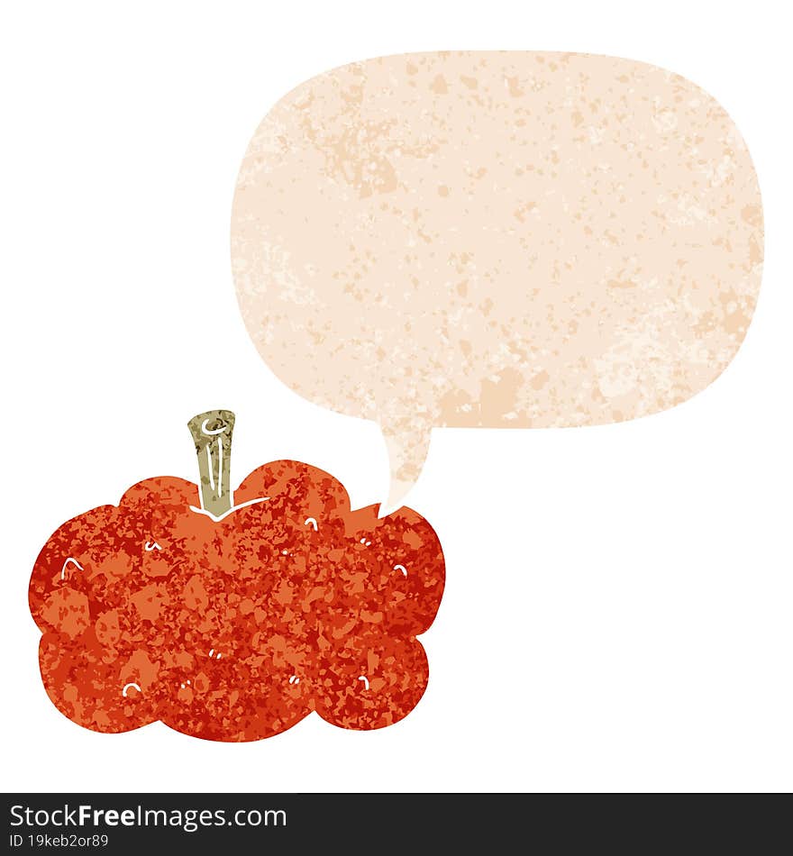 cartoon pumpkin and speech bubble in retro textured style