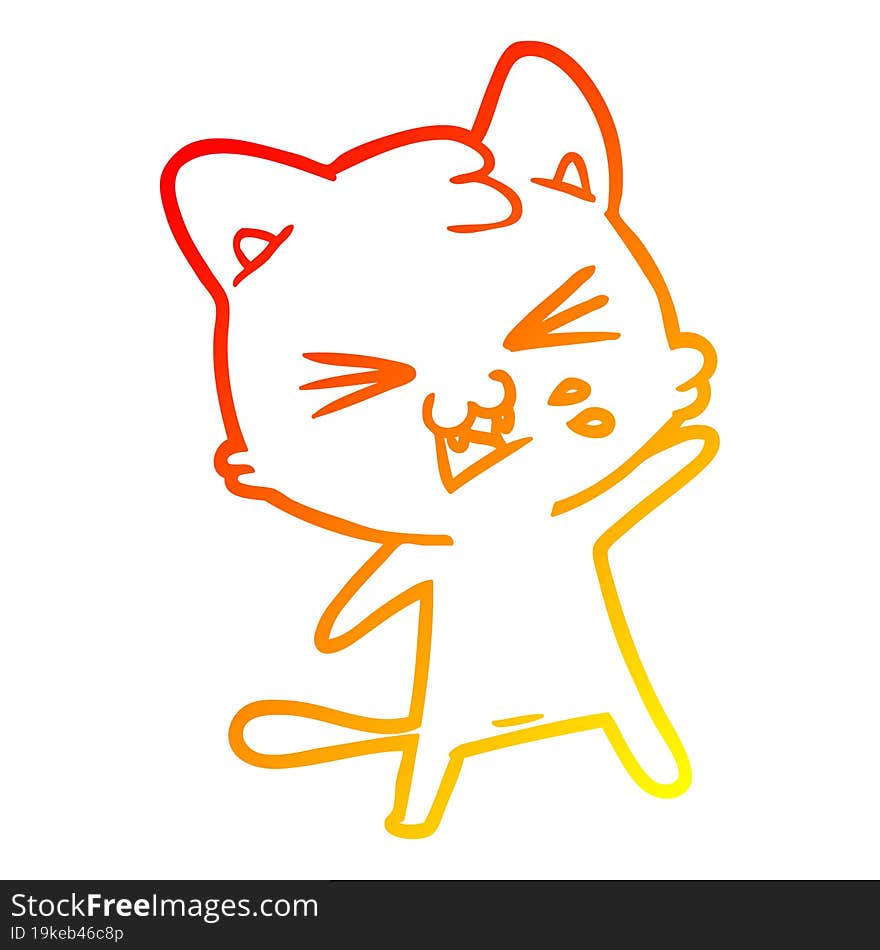 warm gradient line drawing of a cartoon cat hissing