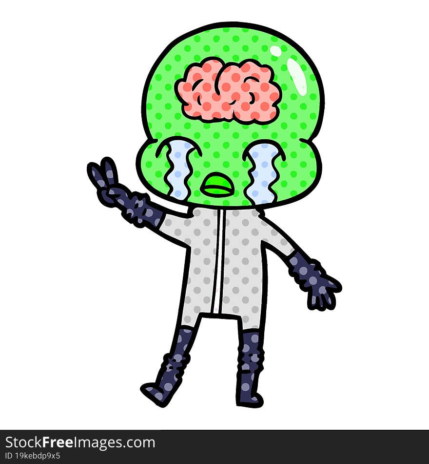 cartoon big brain alien crying and giving peace sign. cartoon big brain alien crying and giving peace sign