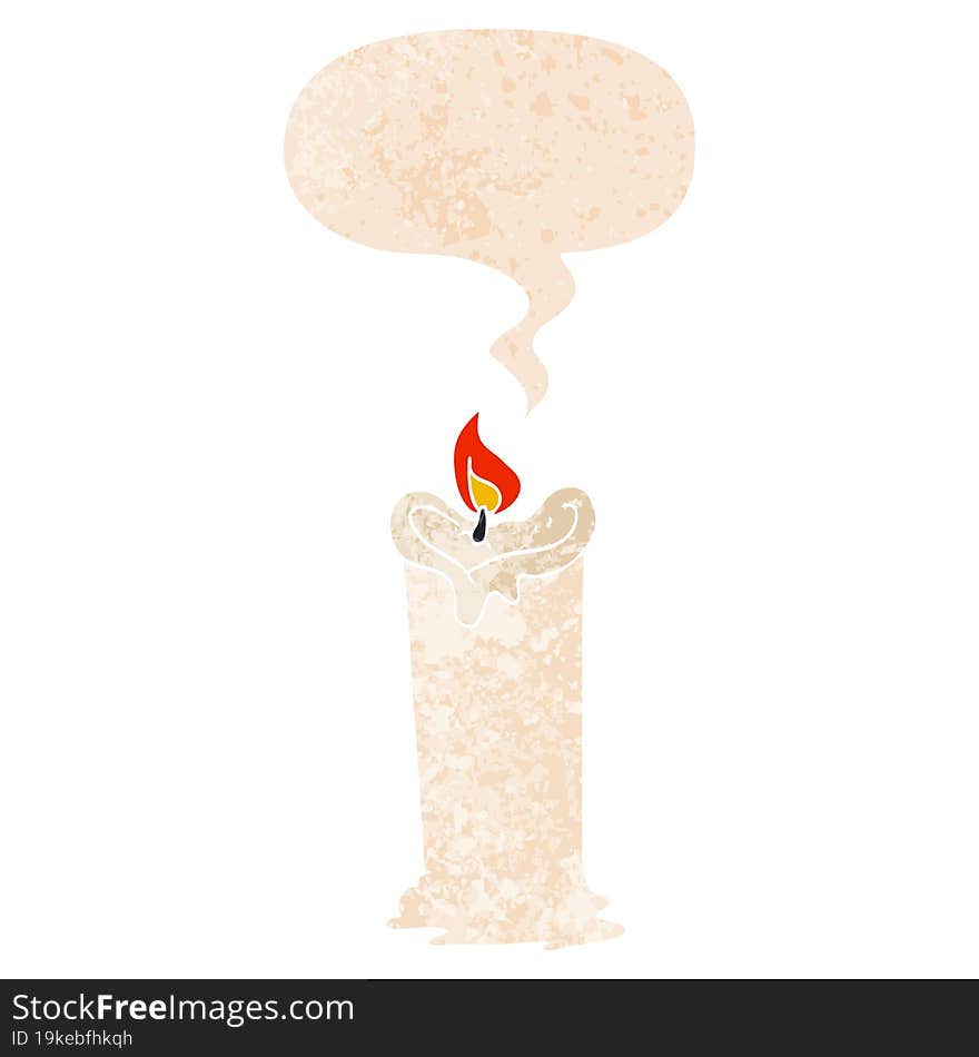 cartoon candle and speech bubble in retro textured style