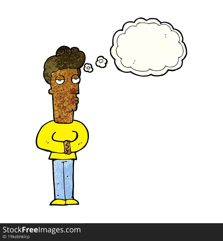 cartoon jaded man with thought bubble