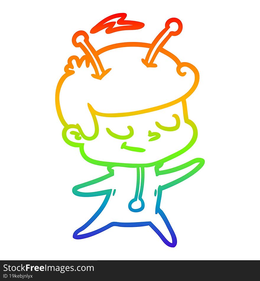 rainbow gradient line drawing of a friendly cartoon spaceman dancing