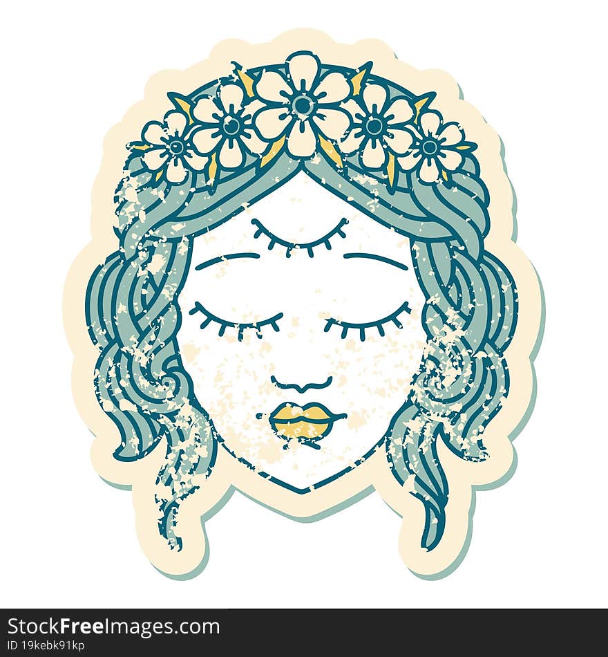 Distressed Sticker Tattoo Style Icon Of Female Face With Third Eye