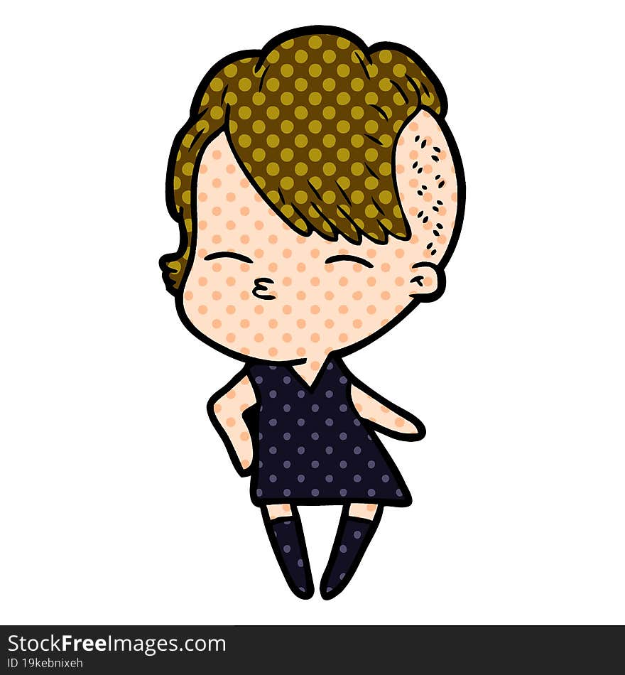 cartoon squinting girl in dress. cartoon squinting girl in dress