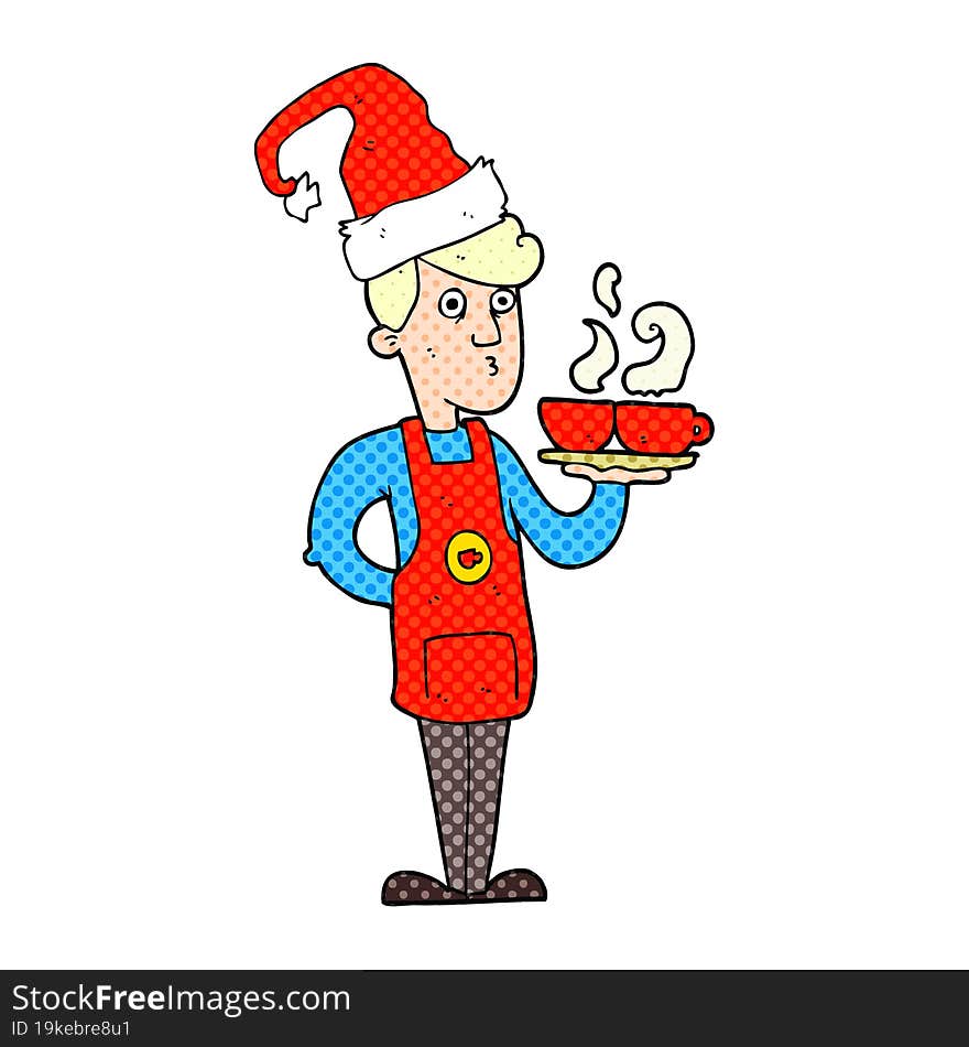 cartoon barista serving coffee at christmas