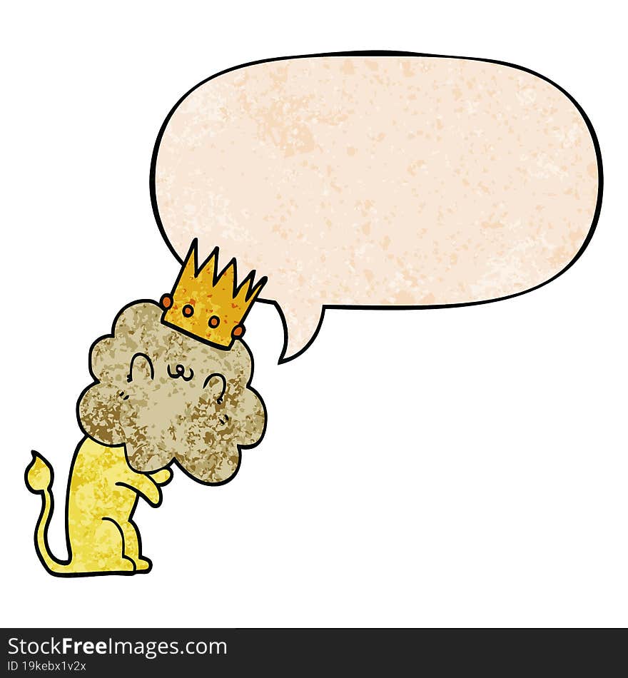 cartoon lion and crown and speech bubble in retro texture style