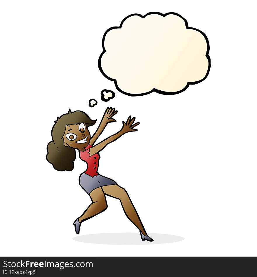 cartoon happy woman jumping with thought bubble