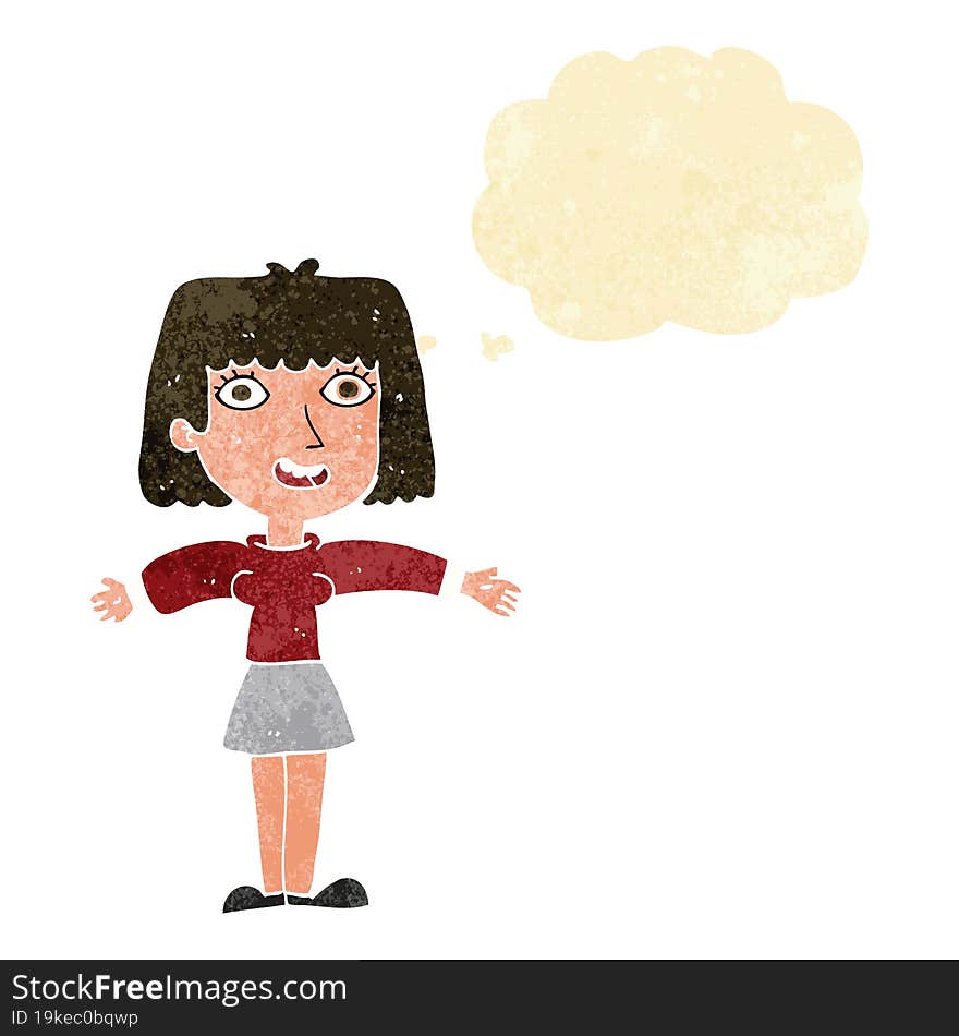 cartoon excited woman with thought bubble