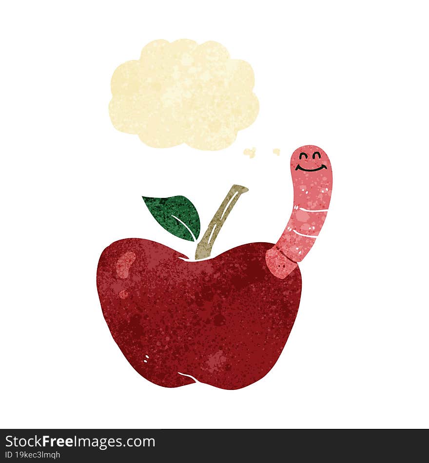 cartoon apple with worm with thought bubble