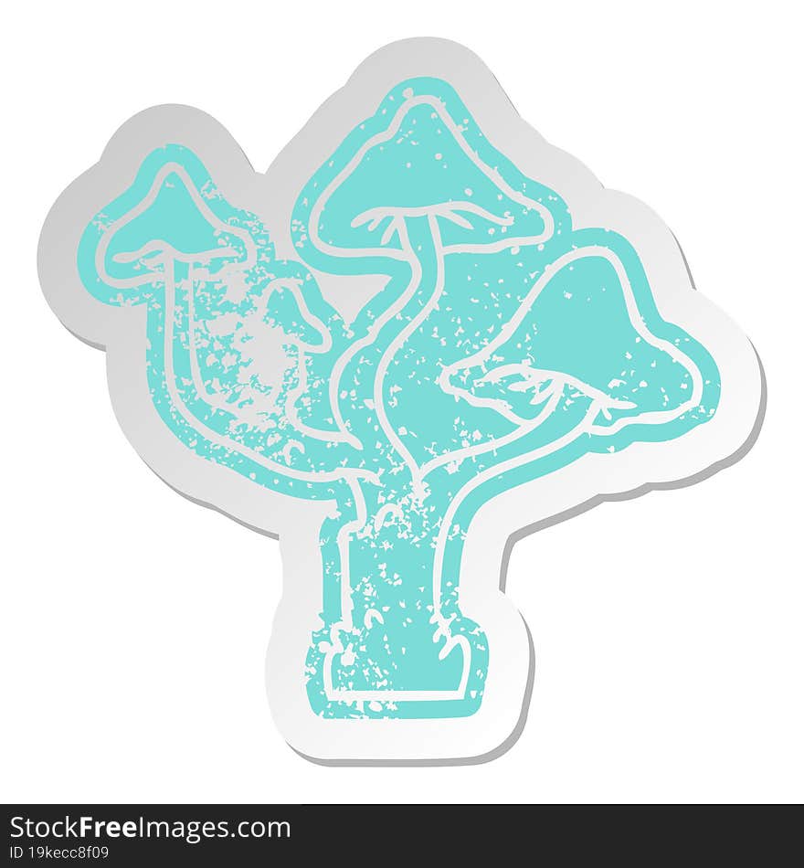 distressed old sticker of growing mushrooms