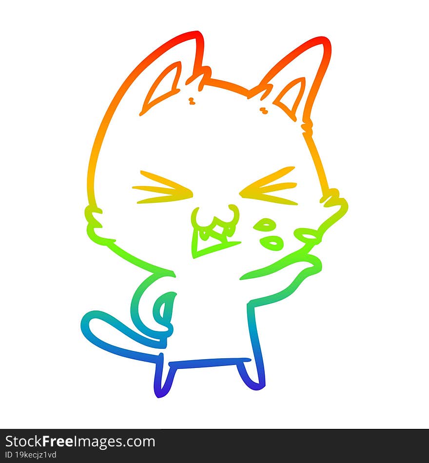 rainbow gradient line drawing of a cartoon cat hissing