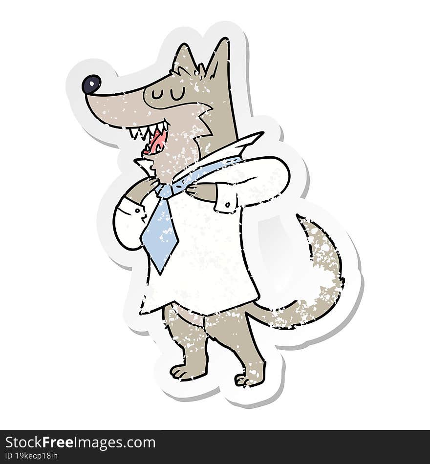 distressed sticker of a cartoon office wolf getting dressed